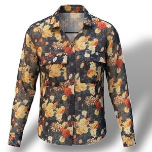Roses Floral Blouse Medium Career top Sheen Button down Top